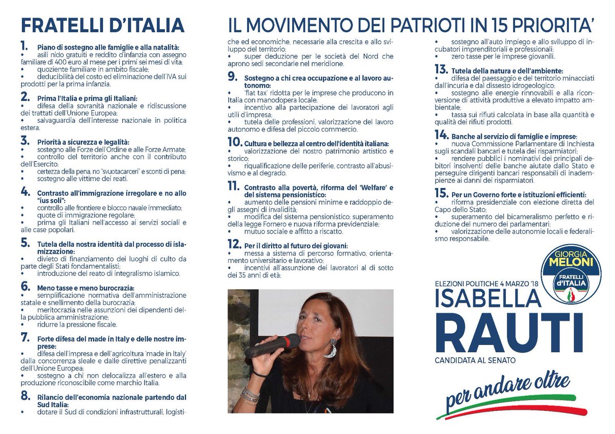 isabellarauti's tweet photo. Siamo in campo per cambiare l’#Italia: abbiamo tutte le potenzialità per rimettere in cammino il nostro Paese. Il programma di @FratellidItalia va in questa direzione: 15 priorità #PerAndareOltre 🇮🇹

#4marzovotoFdi 
#MeloniPresidente 
#GiorgiaPresidente 
#FratellidItalia https://t.co/mc6e5ismH1