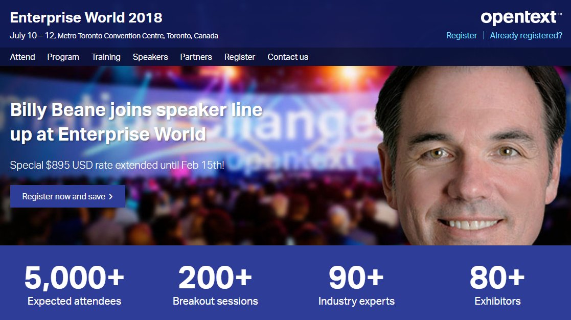Janet_DeGuzman's tweet photo. Very excited to welcome Billy Beane, iconic Oakland @Athletics VP Baseball Operations, and revolutionary subject of Moneyball, as our special guest at @OpenText #EW2018 Conference in #Toronto! Don't miss it! https://t.co/pznaPEEAez https://t.co/1mFBnRzdoF