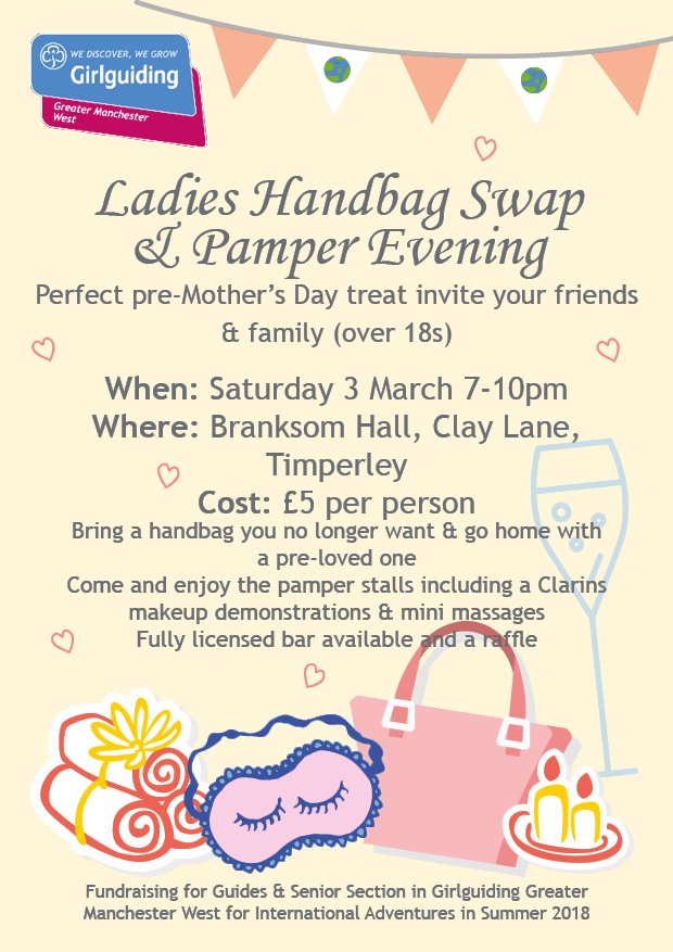 The International Team Leaders have organised a Ladies Handbag &amp; Pamper night to raise money for Guides &amp; Senior Section attending International Adventures in Summer 2018!

To purchase tickets, please email
international@gmwguiding.org.uk
<a href="/AnnhealeyGMW/">Ann healey</a>
<a href="/Girlguiding_NWE/">Girlguiding North West England</a>