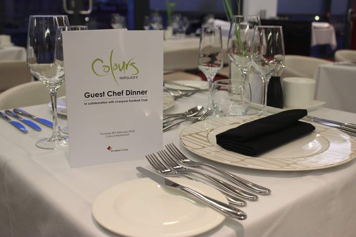 StHelensCollege's tweet photo. 🍽️Our Catering &amp; Hospitality students have been hard at work preparing for a very special #GuestChefDinner at @ColoursFineDine. They're joined by chefs &amp; hospitality staff from @LiverpoolFC &amp; Chef @cookingmad  as part of our #VEWeek celebrations, with a mouth-watering menu🍽️ https://t.co/VxWgxFEZJh
