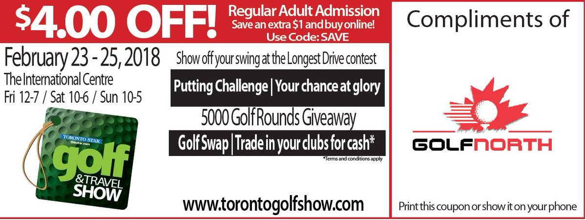 Come see us at The Toronto Golf &amp; Travel Show, February 23, 24 &amp; 25 at The International Centre in Mississauga! 

We're bringing our Money Machine along. and you can win some great prizes, including free rounds of golf! ️⛳️

Show the coupon below and receive $4 off admission!
