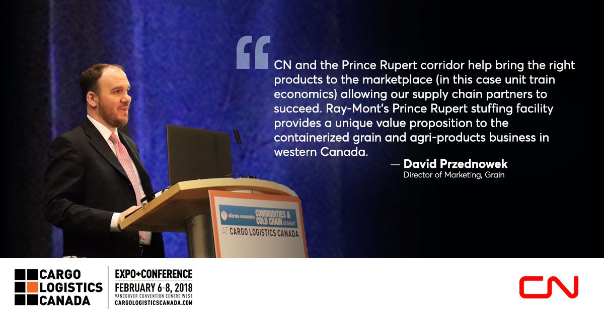 CNRailway's tweet photo. ICYMI CN's Director of Marketing for Grain, David Przednowek spoke at this morning's Case Study on Prince Rupert. #Cargo2018 https://t.co/2CIxRWvcuB