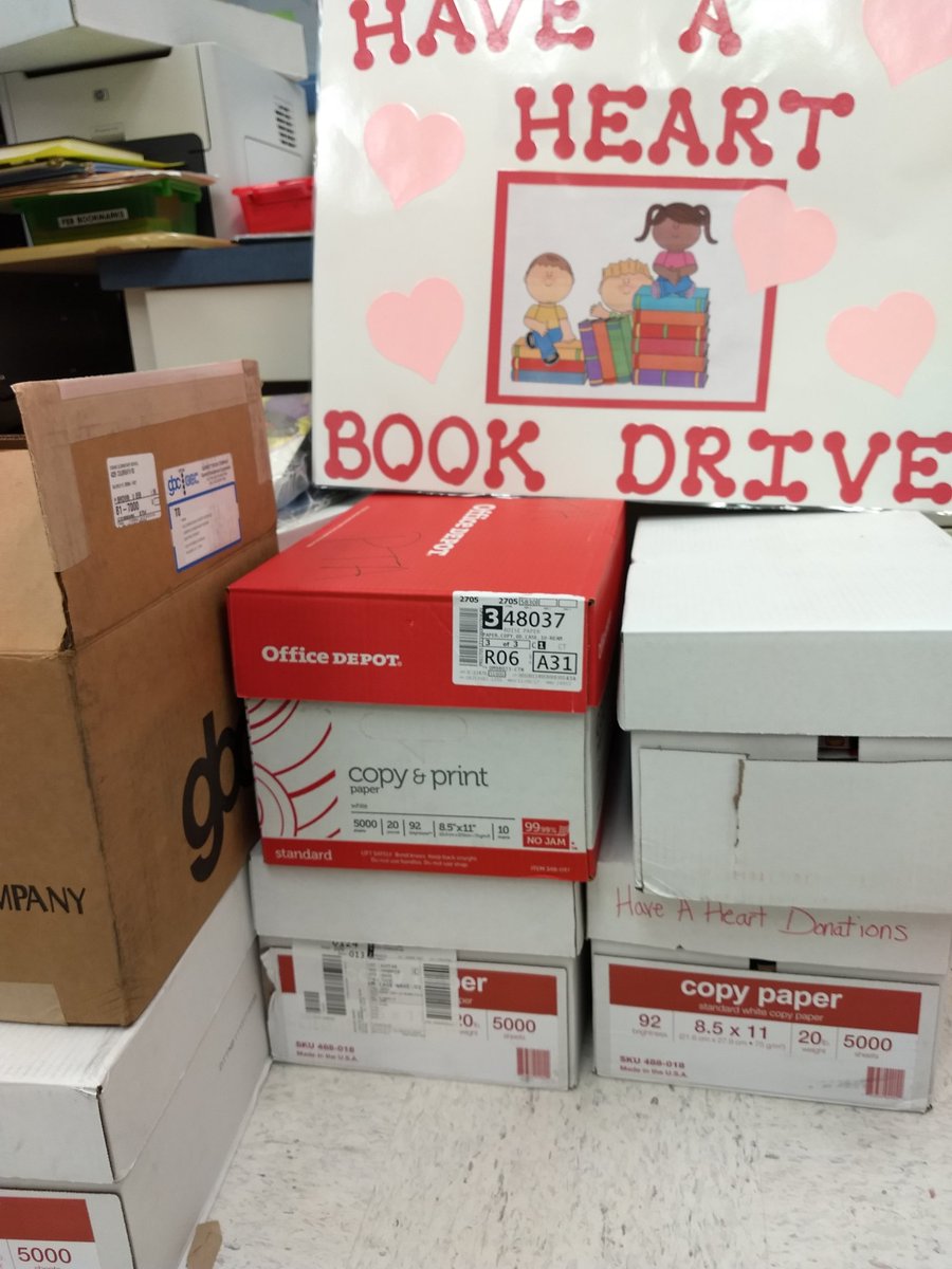 LibraryKristina's tweet photo. 9 large boxes of books donated by @HCPSCimino students for the Have a Heart book drive!! #hubofschool https://t.co/1mlyPxuNOK
