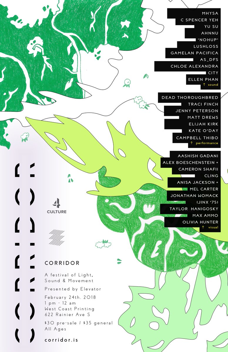 elevatorseattle's tweet photo. Full line-up &amp; venue announced for Corridor, pre-sales avail for the next week. Artwork by Minh Nguyen &amp; Matty McBride. see u soon - https://t.co/kS3toncplk https://t.co/T6SazsN1GN