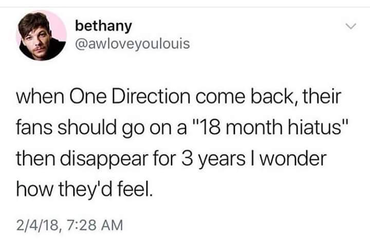 heygirlalmighty's tweet photo. "quando a One Direction voltar, seus fãs poderiam entrar em uma "pausa de 18 meses" e depois desaparecer por 3 anos, eu imagino como eles iriam se sentir" SOCORRO KKKKKKKKKKKKKKKKKKKKKKKKKK https://t.co/E4YgEiPg2m