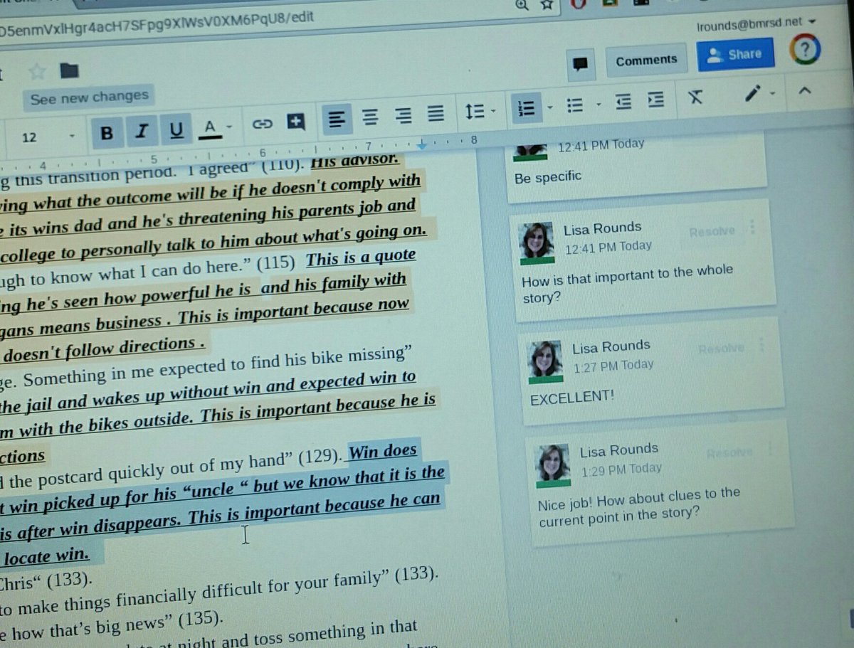 MsRounds's tweet photo. My favorite thing about giving assessments on #GoogleDocs is the ability to give immediate feedback when my students are struggling or doing well with quote analysis. #Shiftnovel #quoteanalysis #assessmentfeedback #embracingthegoogliness https://t.co/xB80wEQtFN