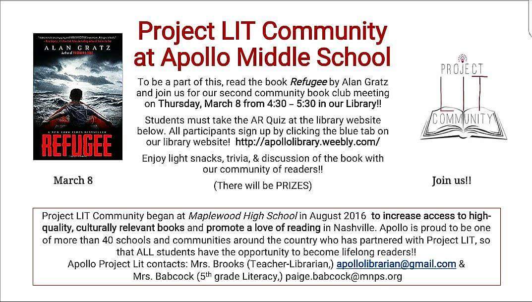 MrsBNashville's tweet photo. Please join me &amp; @ApolloReader Thursday March 8 in our library for a @ProjectLITComm event to discuss the book Refugee by Alan Gratz. so excited! parents &amp; community members: Sign up at https://t.co/Abe0BipwtP #ProjectLITBookClub #ProjectLIT #ApolloMiddle #Refugee https://t.co/VYGgLOQwGW