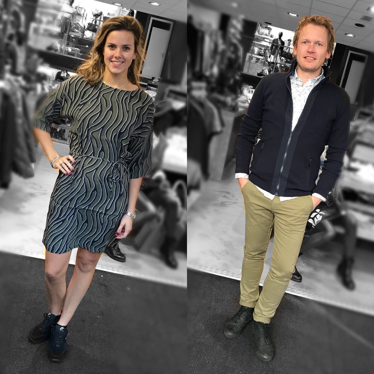 Ultimomode's tweet photo. SETJE VAN DE WEEK: Margot draagt een zwart met groene geprinte jurk.

SETJE VAN DE WEEK: Raymond draagt groene chino, met daarboven een wit, met subtiele zwart blauwe print, blouse en een donkerblauw vest.  #fashion #setjevandeweek #ultimomode #Oldenzaal https://t.co/sZ44R5TOdl