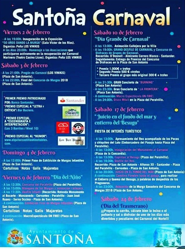 santonismo's tweet image. Os recordamos que mañana día 9 es el día del Niño en el Carnaval de Santoña.

Puedes venir disfrazado como quieras pero si vienes vestido como un niño vas a acertar al 100%.

El día para ir disfrazado como quieras es el sábado, el día grande del Carnaval.

No te lo pienses y VEN!