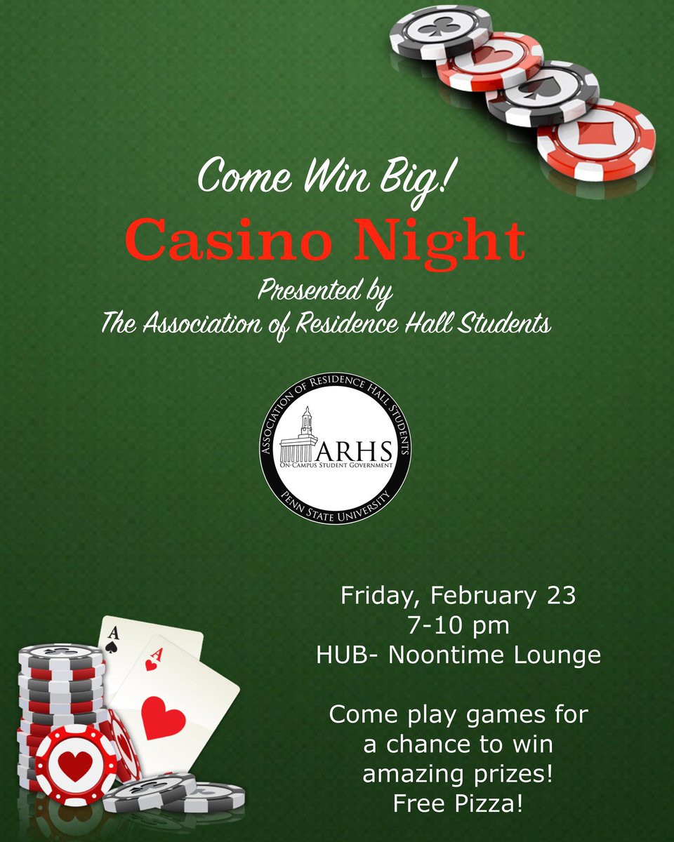 ARHSPennState's tweet photo. ♦️♣️♥️♠️ Get excited for ARHS Casino Night! Play for a chance to win amazing prizes and enjoy some free pizza between games! Casino Night will be at the HUB Noontime Lounge from 7-10 pm on Friday, February 23. Hope to see you there! ♠️♥️♣️♦️ #weARHS https://t.co/dugHJPqq2o