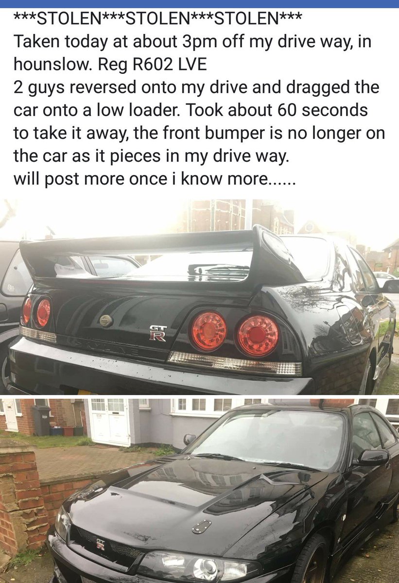 Skyline R33 stolen yesterday.
#Hounslow @EPRoadsPolicing <a href="/MPSHounslow/">Hounslow Police</a> <a href="/fastcarmagazine/">Fast Car Magazine</a> <a href="/banzaimag/">Banzai</a> <a href="/JustJapclub/">JustJap</a> <a href="/skylineowners/">Lenny</a>