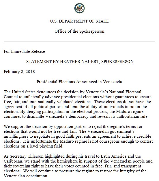 A statement by Department Spokesperson Heather Nauert on Presidential Elections Announced in Venezuela.