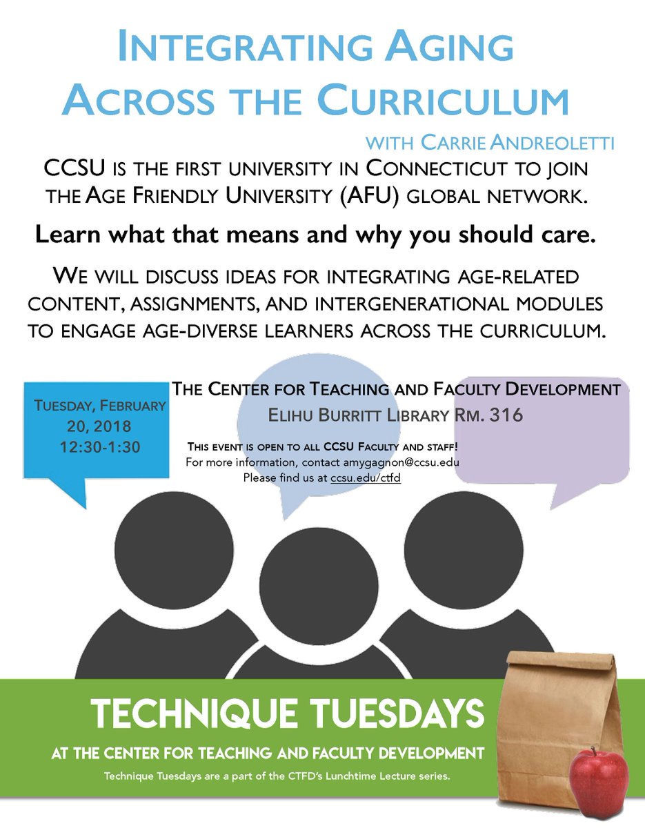 CTFDatCCSU's tweet photo. Did you know that Central Connecticut State University is the first university in #Connecticut to join the Age Friendly University (AFU) Global Network? Come find out more on February 20th! #facultydevelopment #CCSU #diverselearners #curriculum https://t.co/ets1ziu3Un