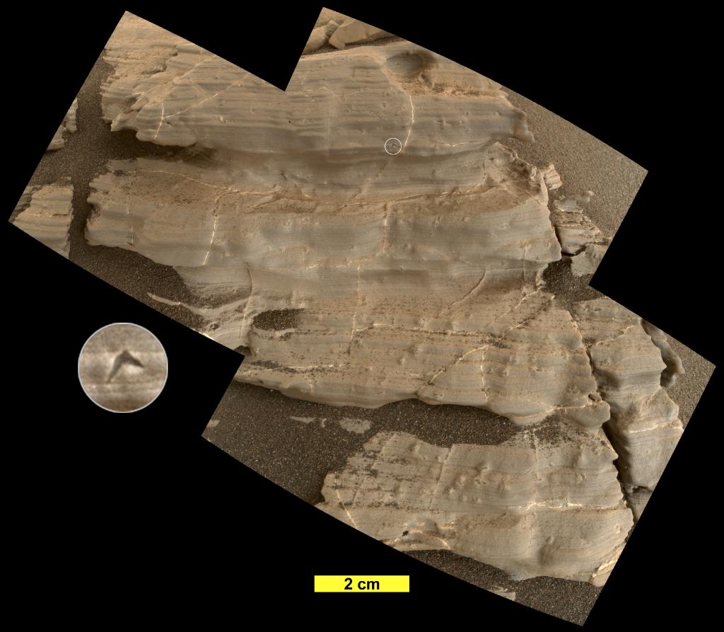 NASA's tweet photo. Tiny, crystal-shaped bumps seen in fine-layered bedrock of this Martian ridge are being inspected by our @MarsCuriosity rover. These bumps could explain an important transition in the planet’s history. Are they remnants of an evaporated lake? Details: https://t.co/66rgApLUTT https://t.co/gozVpbMNvF