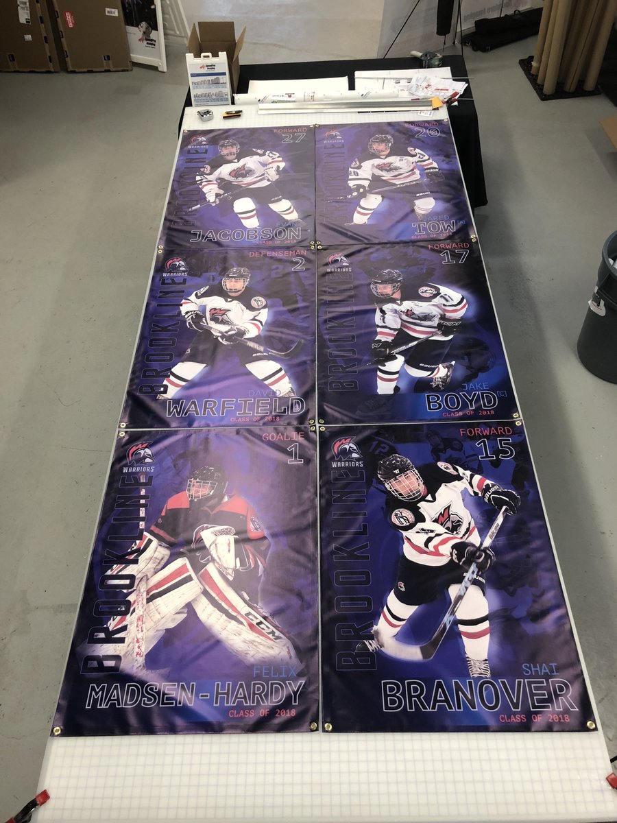 SpeedproBoston's tweet image. Working with a parent volunteer for Brookline High School, we created these 6 banners for the senior players of the hockey team. The banners were completed using Ultraflex banner material. @brooklinehigh #brooklinehigh #warriors #banners #print #hockey