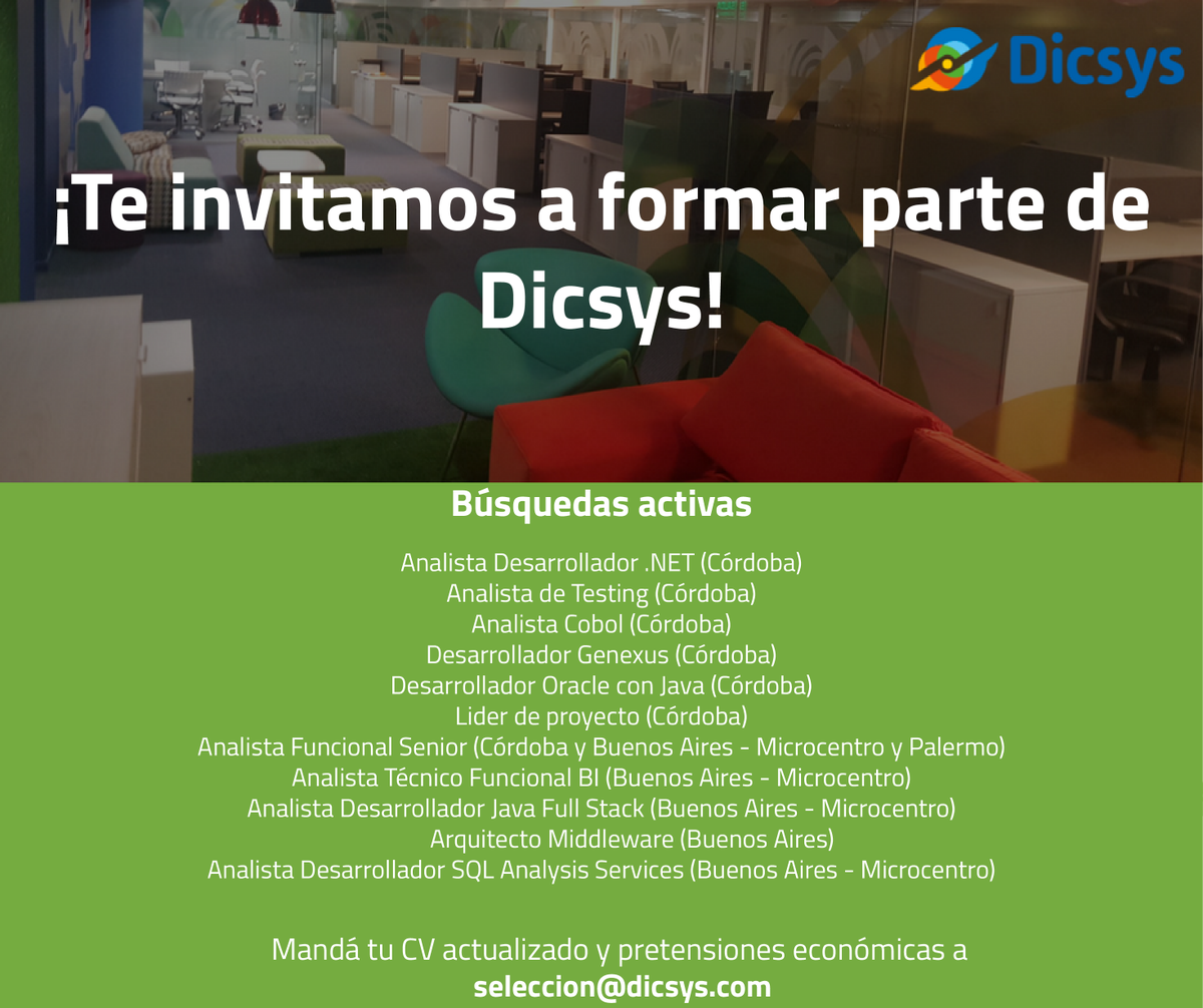 Dicsys_SA's tweet photo. #Empleos ¡Te invitamos a formar parte de Dicsys! Tenemos diversas vacantes disponibles en #Córdoba y #BuenosAires. Si das con alguno de los perfiles, por favor, envía tu CV actualizado a seleccion@dicsys.com con el nombre del puesto en el asunto #Software #EmpleosAR #EmpleosIT https://t.co/rxAsBcaF8S
