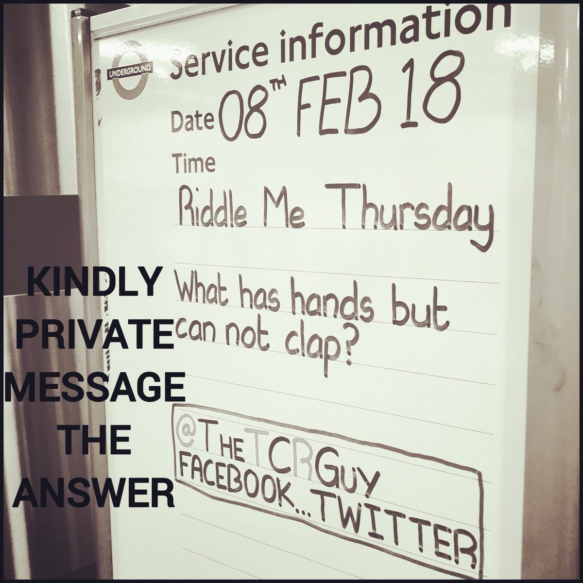 THETCRGUY's tweet photo. PLEASE PRIVATE MSG THE ANSWER #RiddleMeThursday #TubeRiddle #Riddles #TubeStation #TCRStation #Weekday #Thursday #TCR #TottenhamCourtRoad #TottenhamCourtRoadStation #LondonUnderground #Underground #London #NorthernLine #CentralLine #Hands #Clap https://t.co/6U1SJu1vsY