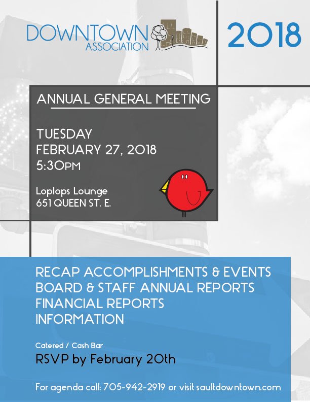 The @SSM_DTA is holding their annual general meeting on February 27. For more info, visit saultdowntown.com https://t.co/92GoubmZN1