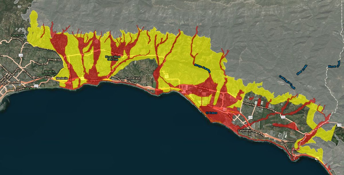 KCRWinSB's tweet photo. NEW MAP: Areas in Montecito, Summerland and Carpinteria at extreme or high risk for debris flow and flooding > https://t.co/GdkpHpDh4R #19debrisflow #Montecitomudslides https://t.co/bdfhwTWCuV