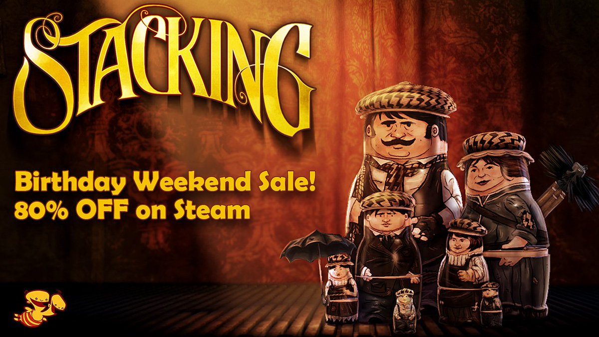 DoubleFine's tweet image. Happy Birthday to Stacking! Our nesting doll adventure game from the weird and wonderful mind of @leepetty turns 7 today, if you can believe that.  Pick it up on Steam this weekend for $1.99 - 80% off! store.steampowered.com/app/115110/Sta…