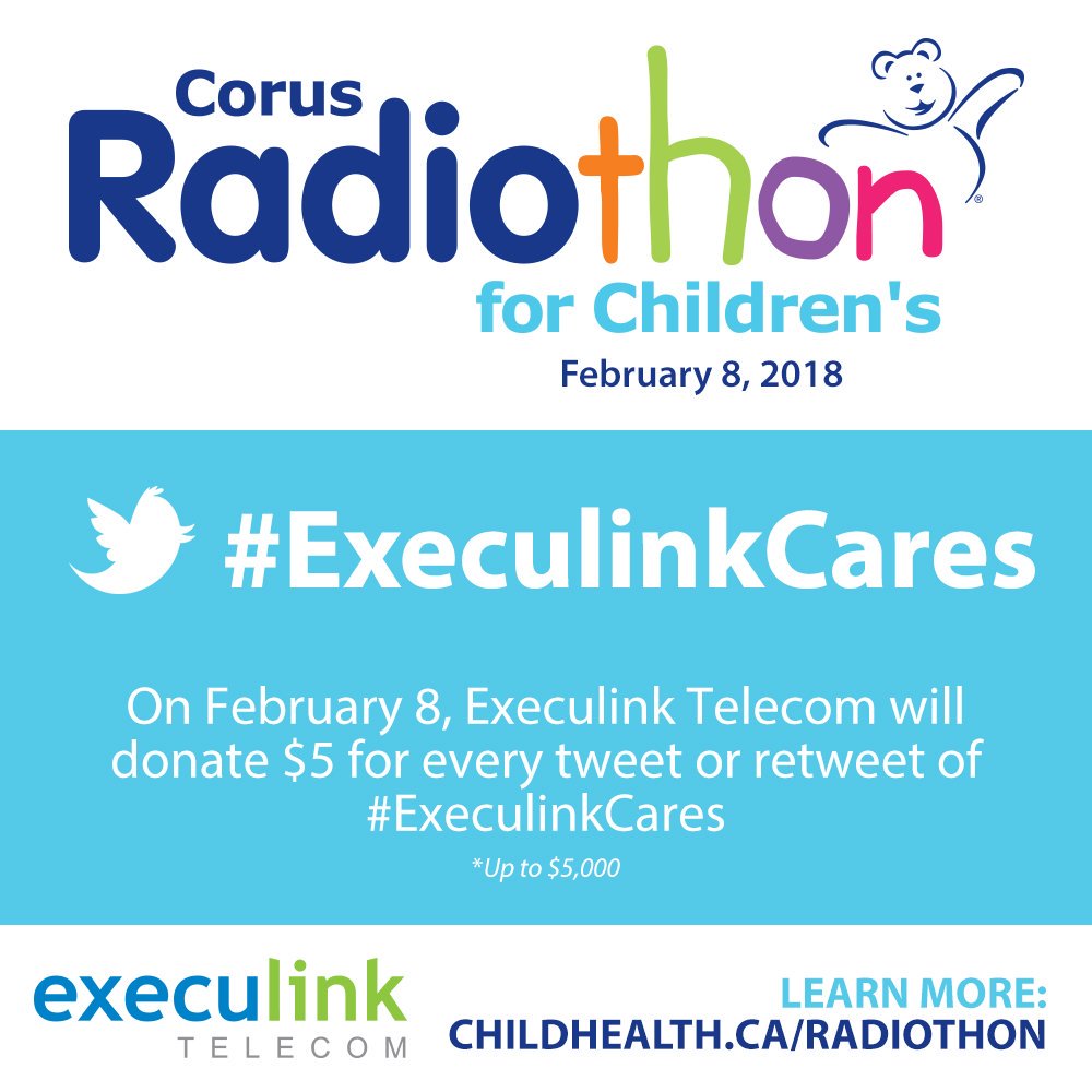 AM980News's tweet photo. Every tweet or retweet you send today with #ExeculinkCares, $5 will be donated up to a maximum of $5,000. Just another great way to help @CHFHope make a difference for families in our community! #CorusRadiothon https://t.co/nKb4Nv8M9c