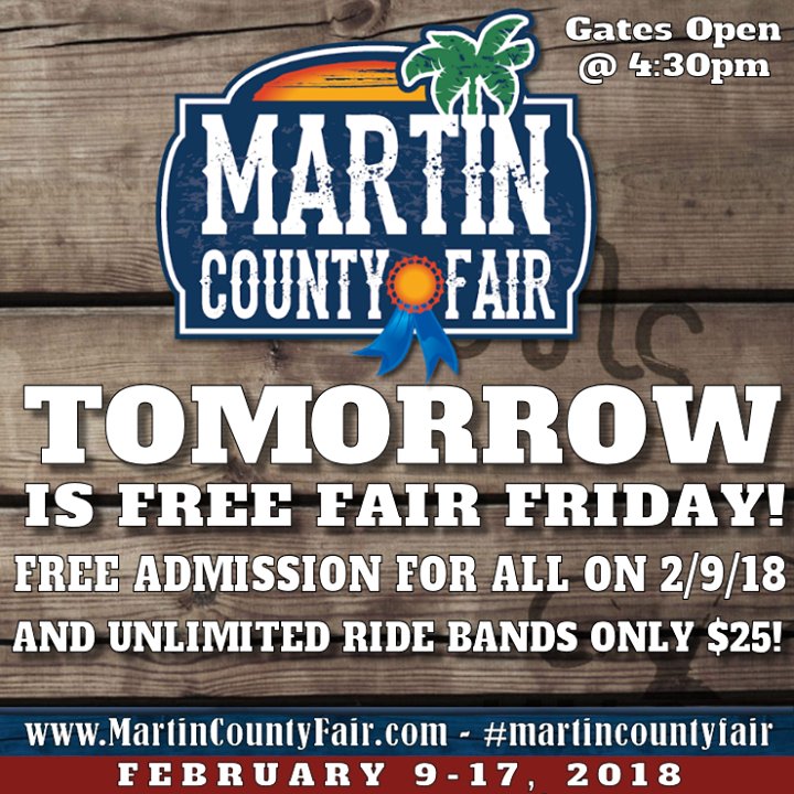 PineappleFest's tweet photo. Can you believe it's here? Tomorrow is FREE FAIR FRIDAY at the Martin County Fair and Youth Livestock Show! Free admission for everyone on 2/9/18! Bring the whole family and enjoy our $25 Unlimited Ride Band Deal all night!
FEB. 9-17, 2018 - #MartinCountyFair 🎡🍕🎢🍔🎠🍿🎼 https://t.co/LLRYhkUQEk