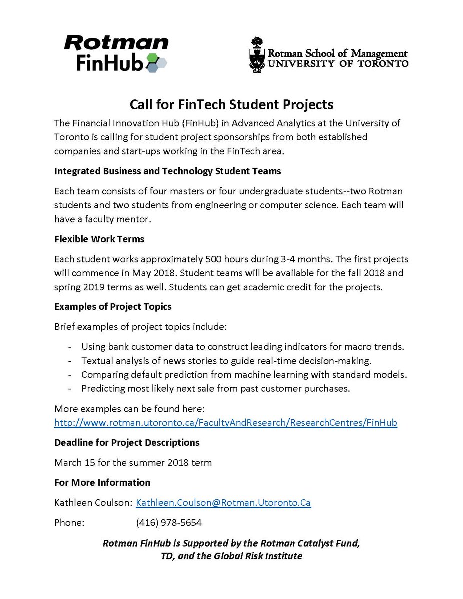 Got a FinTech project that you'd like smart UofT students to work on? Come talk to us at Rotman's FinHub!