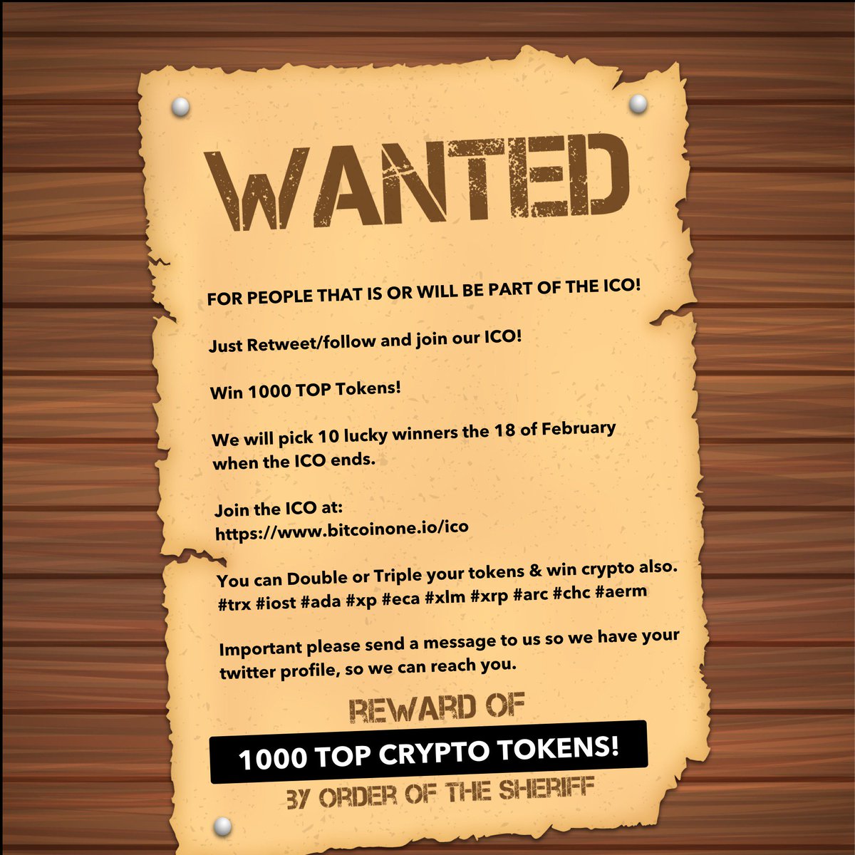 B1PWALLET's tweet photo. Just Retweet/follow and join our ICO!

Win 1000 Tokens
We will pick 10 lucky winners the 18 of February when the ICO ends.

Join the ICO:
https://t.co/7MJ5l99ENc   

You can Double or Triple your tokens &amp; win crypto also.

#trx
#iost
#ada
#xp
#eca
#xlm
#xrp
#arc
#chc
#aerm

#ico https://t.co/00JH8HkfFb