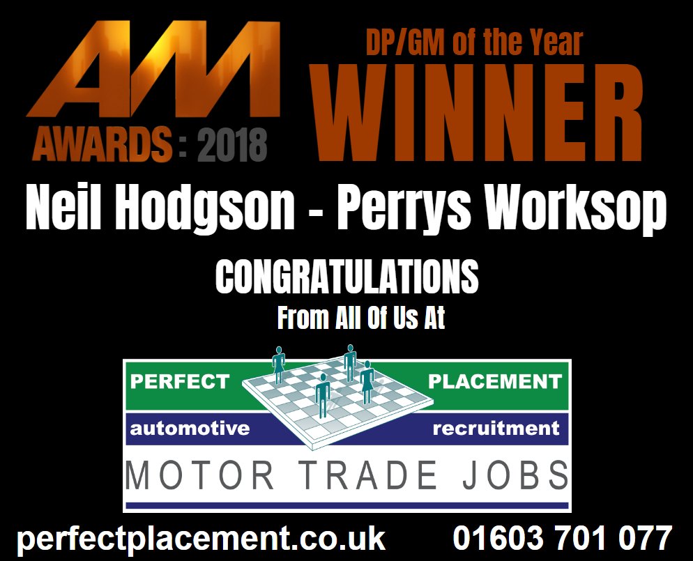 MotorTradeJobs's tweet photo. Our Sponsored Award: Congratulations Neil Hodgson of @Perrysmotors - Winner in our sponsored @AMChatter #AMAwards18 'Dealer Principal / General Manager of the Year'! A huge well done from the whole team here at Perfect Placement @MotorTradeJobs https://t.co/uesd6xsx6l