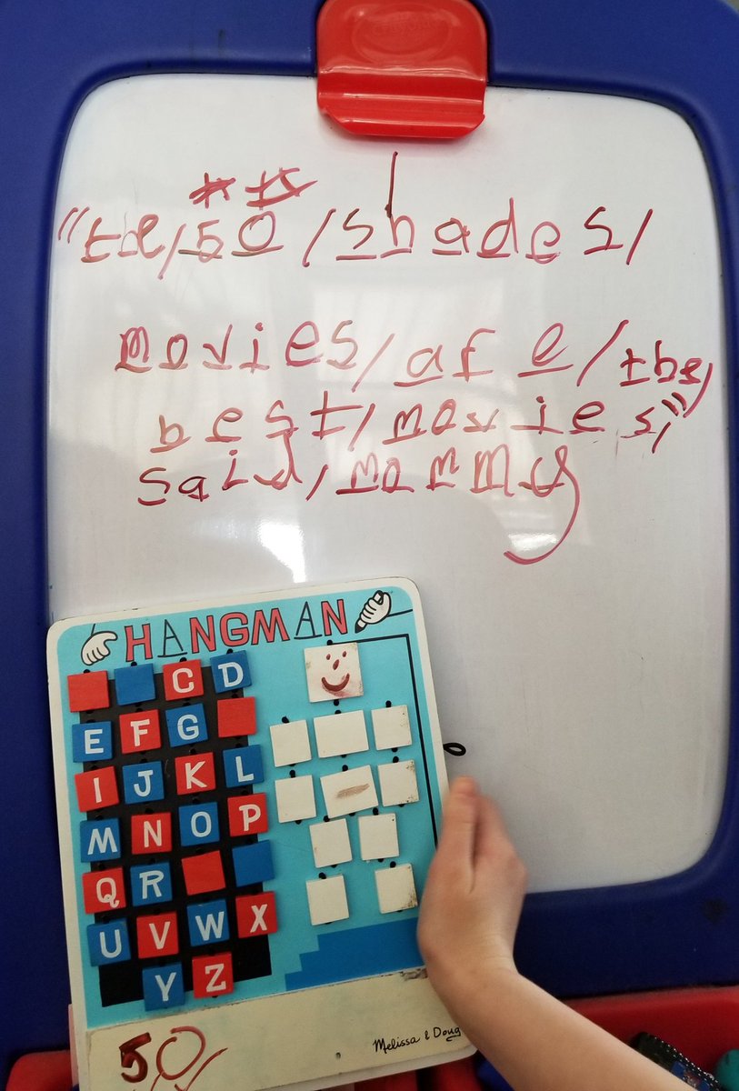 When you take a break from homeschool to play hangman...why yes, she is a smartie and she actually listens when I speak!
😂🎥❤👏

✔And the answer is:
"The 50 Shades movies are the best movies," said mommy❤👏