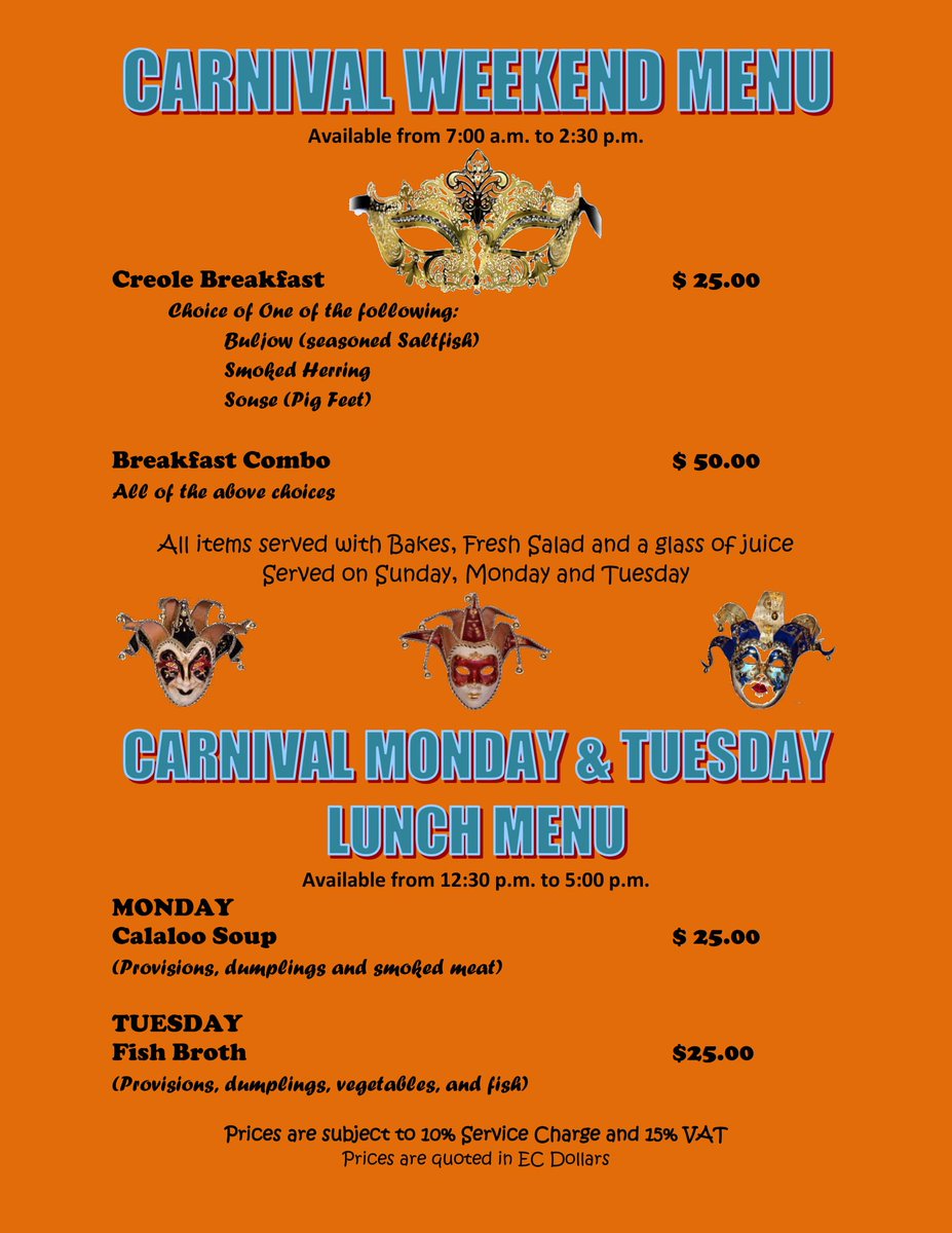 DHTADominica's tweet photo. The Garraway Hotel's Carnival weekend Menu. From Sunday, February 11 - Tuesday, February 13, 2018. Come celebrate with us. @GarrawayHotelGH https://t.co/CF46H9bZss