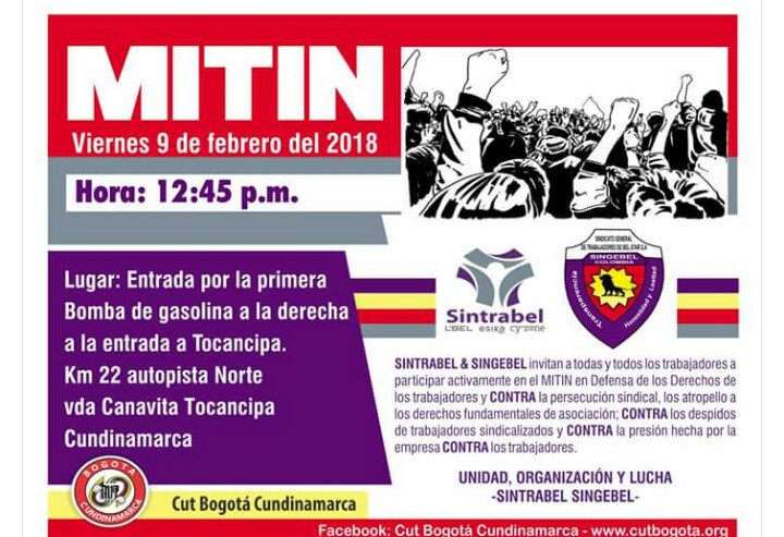 CALNacional's tweet photo. #InvitaciónEspecial #Tocancipá
Todos y todas invitados a defender los derechos laborales de los trabajadores afiliados a #Singebel https://t.co/E6cozdsQ3l