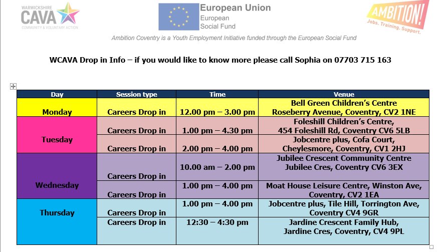 WCAVACov's tweet photo. As promised, WCAVA are pleased to let the #CovHour community know about our new,  updated drop in sessions 👀👇👇 for where you can access FREE, quality careers advice. Please call the number below to check your eligibility 👌👍 #ambitioncov https://t.co/VgGmFAFbun