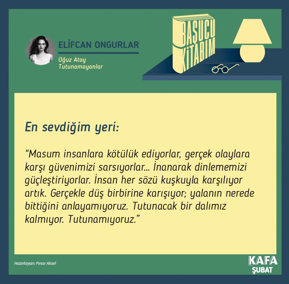 kafadergisi's tweet photo. “İnsan her sözü kuşkuyla karşılıyor artık. Gerçekle düş birbirine karışıyor; yalanın nerede bittiğini anlayamıyoruz. Tutunacak bir dalımız kalmıyor. Tutunamıyoruz.” @ongurlarelifcan #OğuzAtay https://t.co/UpkOLOBx99