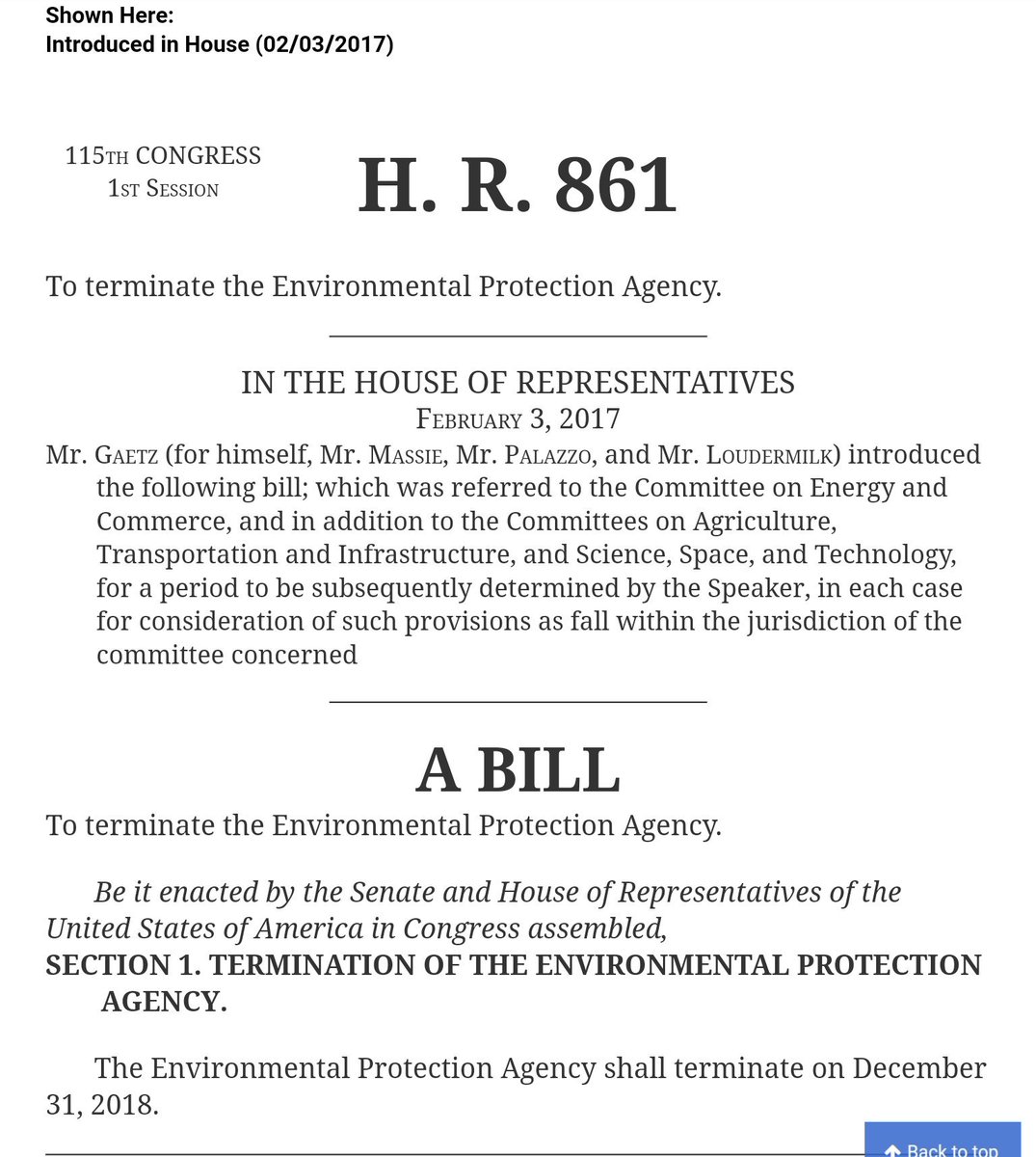 Pianobirdy's tweet photo. @funder House Bill #HR861: "The Environmental Protection Agency shall terminate on December 31, 2018."
This bill has been sitting in the Subcommittee on Environment since April 2017, but I guess it could come out of hiding at any time. https://t.co/nItYl0VtEN