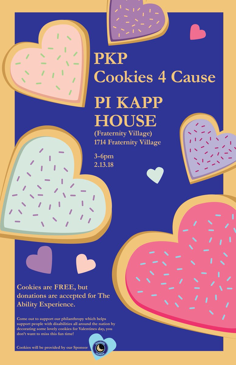 Next Tuesday we will have FREE cookies at the Pi Kapp house provided by <a href="/insomniacookies/">insomnia cookies</a>! All donations will be going towards <a href="/AbilityEXP/">The Ability Experience</a> #Cookies4Cause