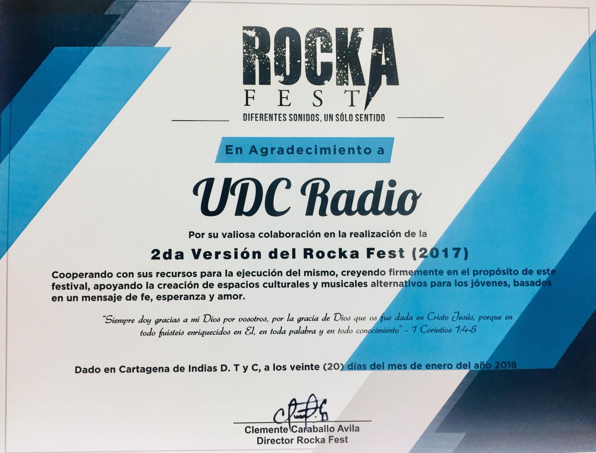 UDeCRadio's tweet photo. Reconocimiento del #Rockafest por nuestro acompañamiento durante la 2da versión del #RockaFest2017 en #Cartagena. | En #UdeCRadio apoyamos los eventos culturales y musicales de la región. https://t.co/sy52P5D2mr