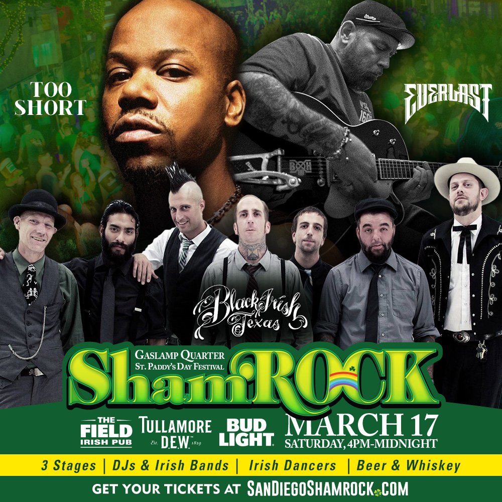 partynakedsd's tweet photo. ShamROCK is making its way back to SD on March 17th! 🎶🍀 Beats by Everlast, @TooShort, &amp; @BlackIrishTexas + Drunken Lullabies, Lexington Field, The Fooks, @DJKaosSD, @VtechTheDJ, @CheyenneGiles, Escobar, @DJHeartAttak, @JamieStacks_, @Sulvida, @DJMKey760 🍾
Promo Code: PN https://t.co/LEm8bHicWu