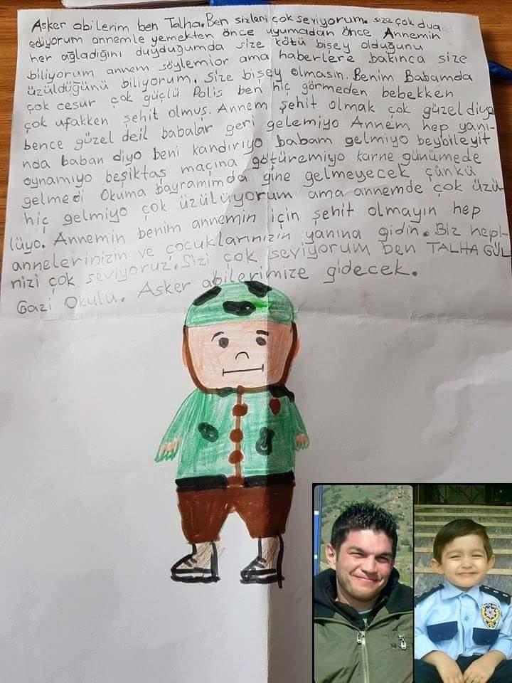 ''Babalar geri gelemiyor. Annem 'Hep yanında baban' diyor beni kandırıyor. Babam gelemiyor. Beyblade oynamıyor. Beşiktaş maçına götüremiyor. Karne günüme gelmedi. Okuma bayramımda yine gelmeyecek çünkü hiç gelmiyor.''