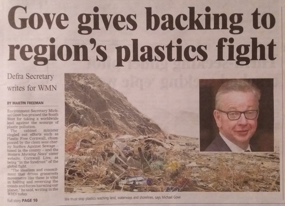 ToryPressSW's tweet photo. Excellent to buy the @WMNNews this morning and see the front-page article about @michaelgove and the fight against plastic pollution in Cornwall. The Environment Secretary was full of praise for the Plastic Free Cornwall campaign led by @CornwallLive, @sascampaigns & @HugoSAS. https://t.co/0xgTPzjHbk