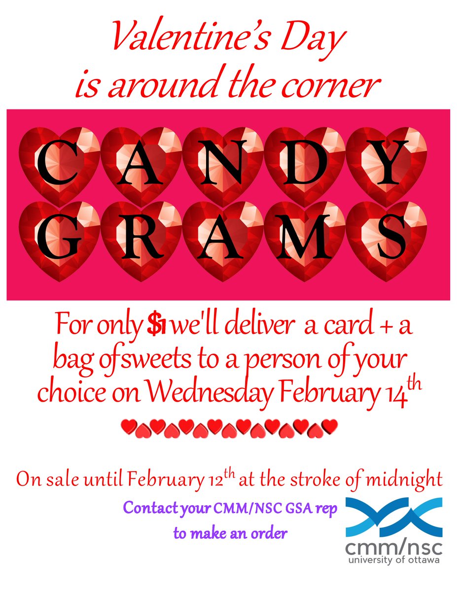 CMMNSCGSA's tweet photo. Back by popular demand, CMM/NSC Council will be selling Candy Grams for Valentine's Day, which will include a bag of sweets and card for $1.

Contact one of your GSA reps (see CMM/NSC website) to put your orders in by February 12th! https://t.co/3z11PglJ0S