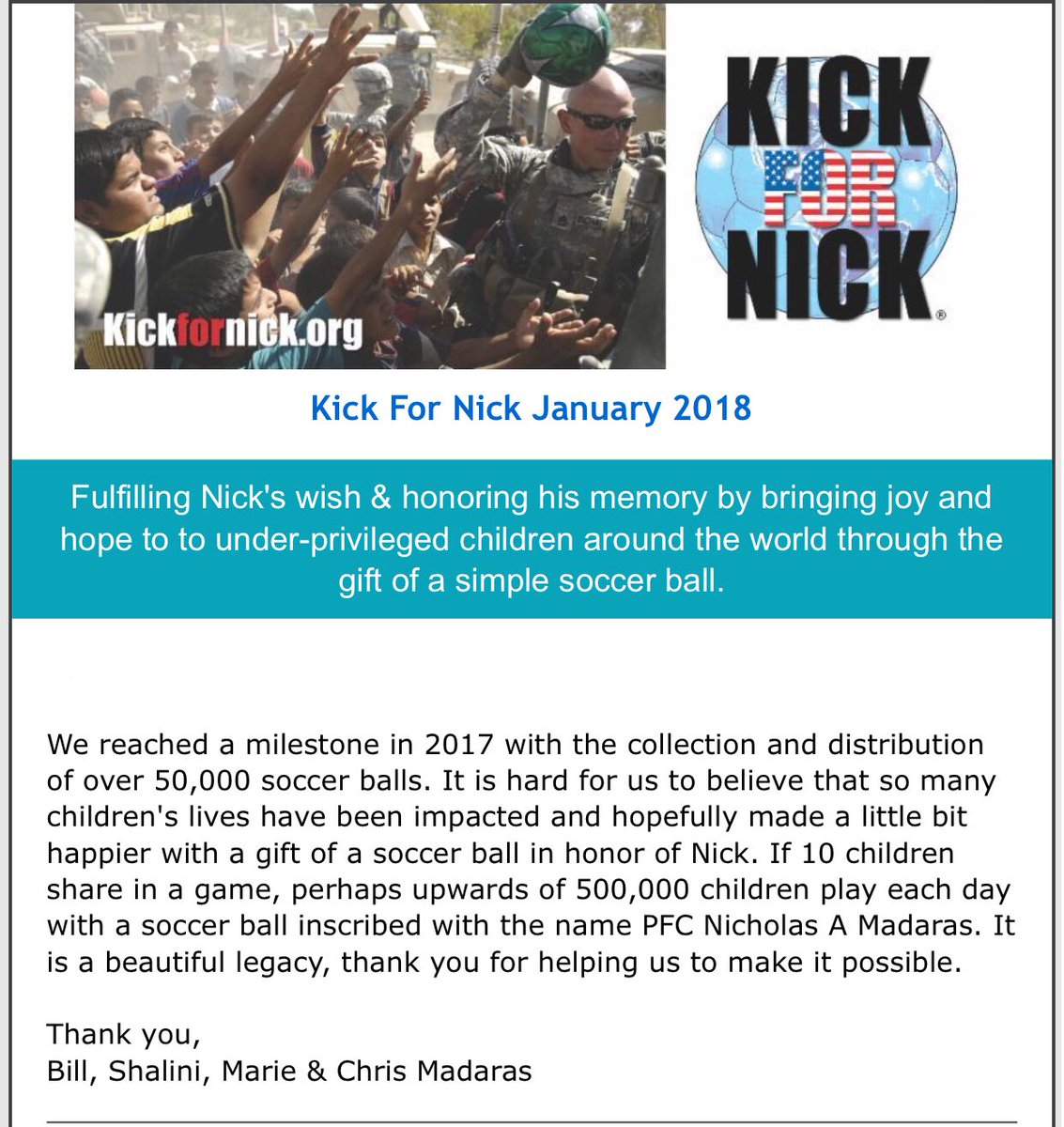 KickForNick's tweet photo. A message from Nick’s parents and siblings. #KickForNick #goldstarfamilies #Thankful #bestfriend #AllOurThanks #gwot #humanitarian https://t.co/k8kVn6f9Vf