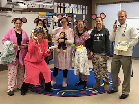 Five Little Monkeys Jumping on the Bed has come to life at Albany Elementary today! Way to go, Team K!!  #gratitude745,#albanylearns