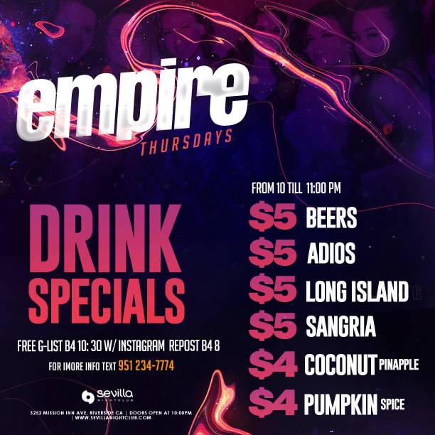 ROCKTHENIGHT2's tweet photo. YOUR #1 THURSDAY NIGHT IS HERE!! BRINGING YOU THE BEST DRINK SPECIALS 🍻 @SEVILLARIVERSIDENIGHTCLUB! FREE ENTRANCE JUST TEXT YOUR NAME AND NUMBER OF GUESTS TO 951.234.7774
VIP BOOTHS &amp; BOTTLE SERVICE AVAILABLE! ($200FLAT x CIROC) 
#SEVILLARIVERSIDE https://t.co/IzRbvituZY
