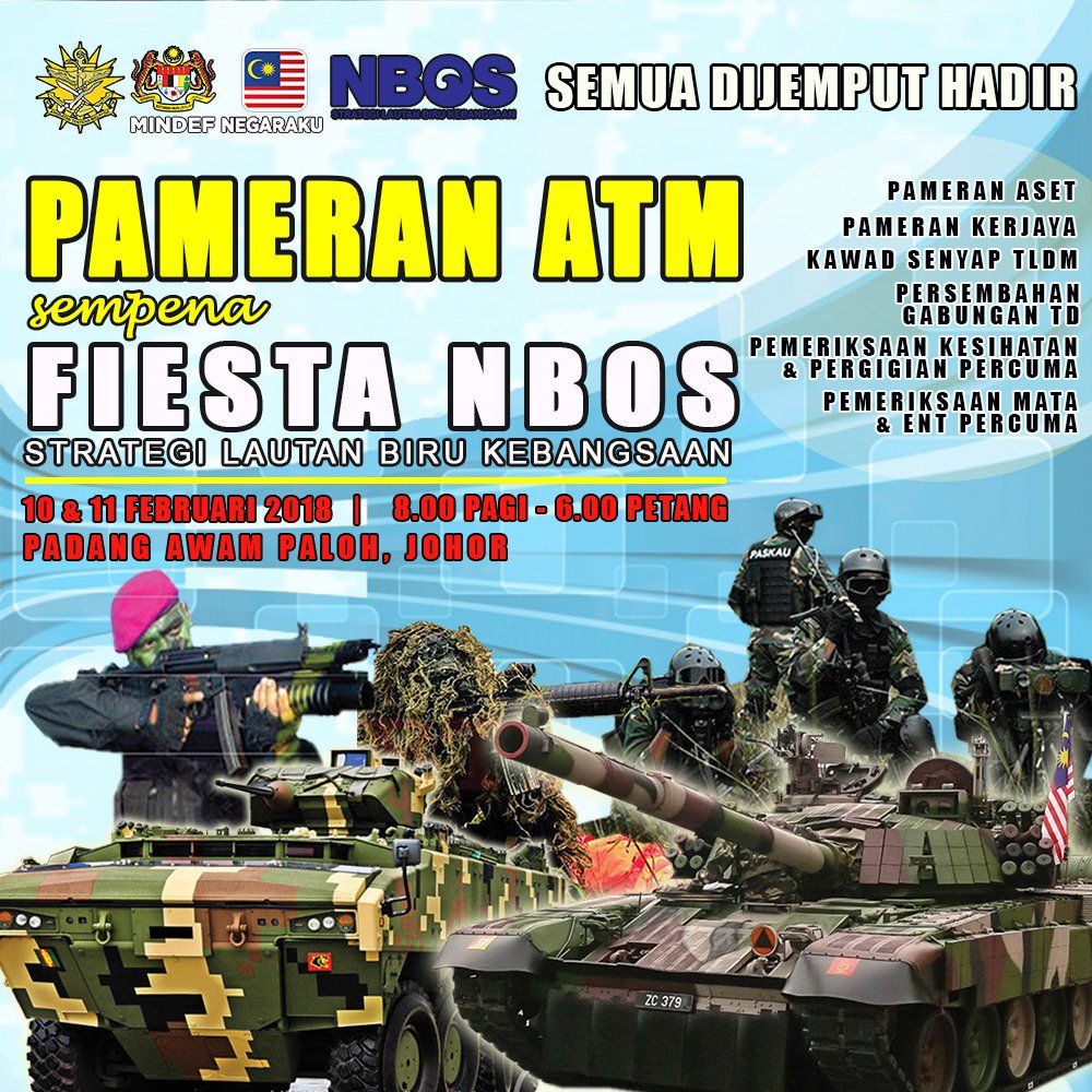 MINDEFMalaysia's tweet image. Orang ramai dijemput hadir ke pameran ATM sempena Fiesta NBOS Mesra Rakyat pada 10-11 Februari 2018.
 #NBOS
 #FiestaNBOS