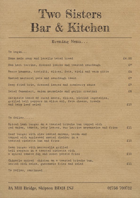 Two Sisters Skipton On Twitter Our Day And Evening Menus