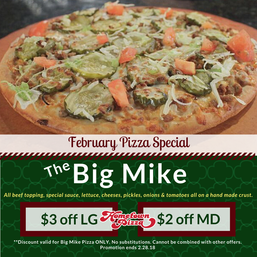MyHometownPizza's tweet image. #NationalPizzaDay presents The Big Mike! You've seen it but have you tried it?! Use the coupon below for our #FebruaryFeature &amp;amp; get $2 off a MD or $3 off a LG! There's a lot of flavor in this one... we think you can handle it. #MyHometownPizza