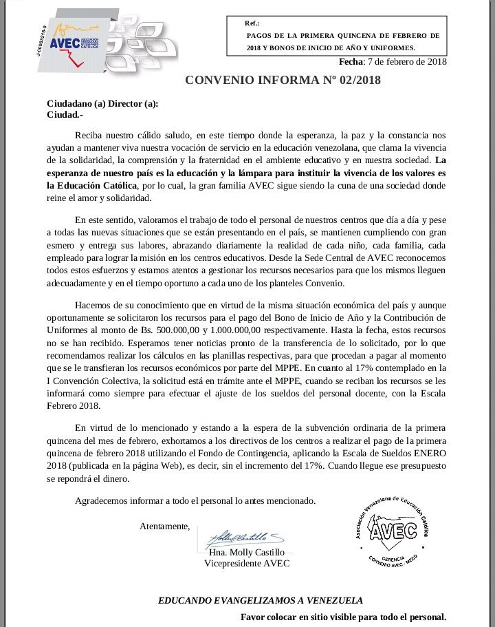 kariporras2002's tweet photo. @JauaMiranda @NicolasMaduro  los docentes de @AVECCONVENIO y @FeyAlegriaVE seguimos esperando por nuestros bonos y no sabemos para cuando https://t.co/B6nh0p5far