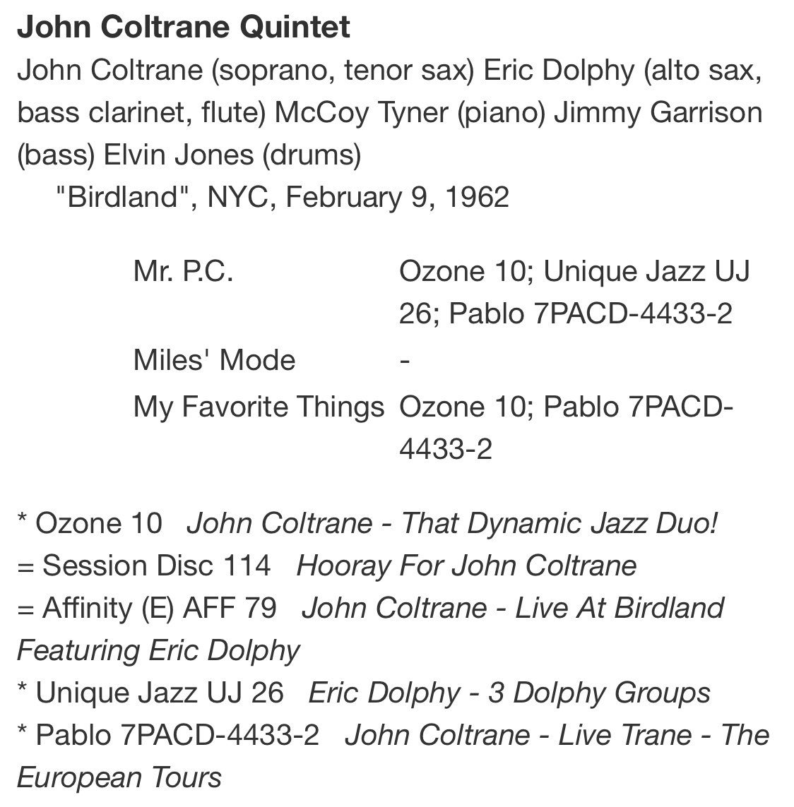 S Murakami That Dynamic Jazz Duo Rare Broadcast Performances John Coltrane Eric Dolphy Label Ozone 10 Birdland Nyc February 9 1962 Johncoltrane Mr P C T Co Rqfhq3z94c Miles Mode T Co Ennovi3s3a
