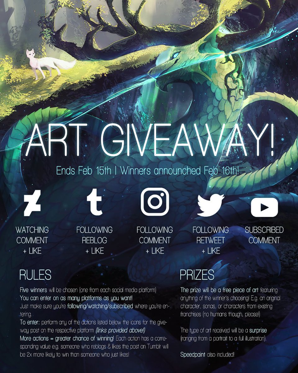 clockbirdsART's tweet image. GIVEAWAY TIME! follow, like and/or retweet this post to enter (do both for a better chance at winning!)
1 winner will be randomly chosen from each social media platform where this is happening (links to those in thread)!
Ends feb 15th!